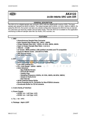 AKD4122 datasheet - 24-Bit 96kHz SRC with DIR