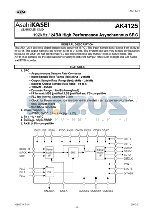AKD4125 datasheet - 192kHz / 24Bit High Performance Asynchronous SRC