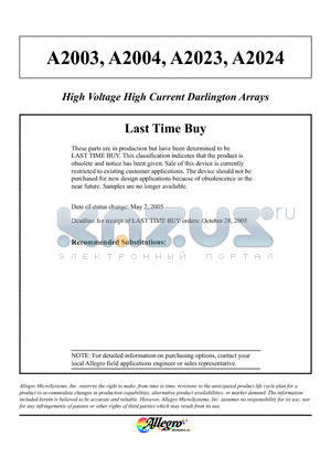 A2023 datasheet - High Voltage High Current Darlington Arrays