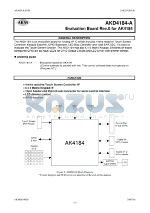AKD4184-A datasheet - Analog I/F IC which includes 4-wire resistive Touch Screen Controller