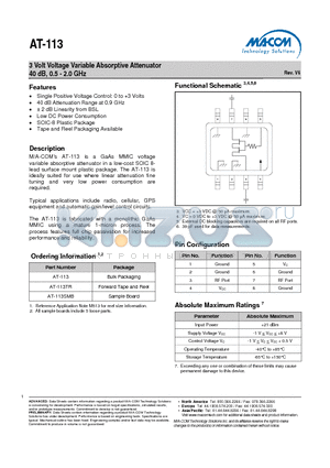 AT-113 datasheet - 3 Volt Voltage Variable Absorptive Attenuator 40 dB, 0.5 - 2.0 GHz