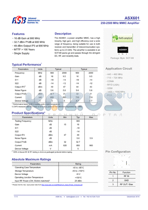 ASX601 datasheet - 250-2500 MHz MMIC Amplifier