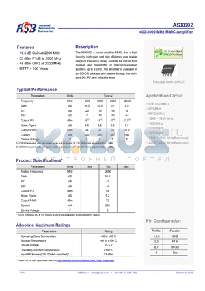 ASX602 datasheet - 400-3000 MHz MMIC Amplifier