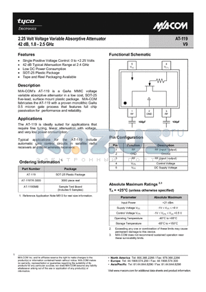 AT-119 datasheet - 2.25 Volt Variable Absorptive Attenuator, 42dB 1.8 - 2.5 GHz