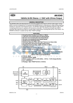 AKD4340 datasheet - 192kHz 24-Bit Stereo DS DAC with 2Vrms Output