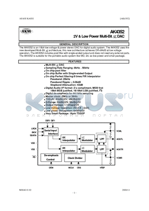 AKD4352 datasheet - 2V & LOW POWER MULTI-BIT DAC