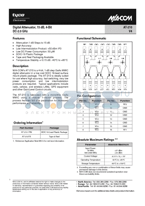 AT-210 datasheet - Digital Attenuator, 15dB, 4-Bit DC - 2.0 GHz