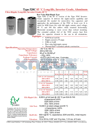 520C113T200CF2B datasheet - Long-life, Inverter Grade, Aluminum Ultra-Ripple, Long-life, Inverter Grade