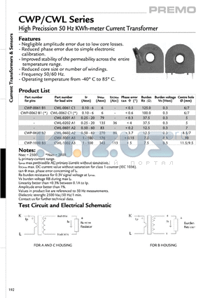 CWL-0602A2 datasheet - High Precission 50 Hz KWh-meter Current Transformer