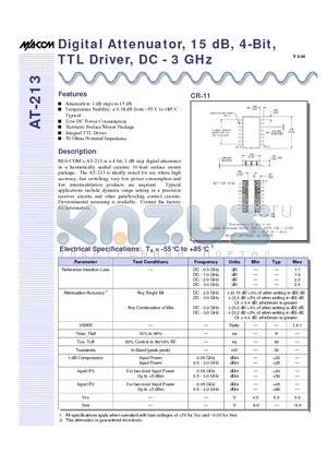 AT-213 datasheet - Digital Attenuator, 15 dB, 4-Bit, TTL Driver, DC - 3 GHz