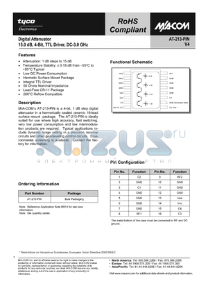 AT-213-PIN datasheet - Digital Attenuator, 15.0 dB, 4-Bit, TTL Driver, DC - 3.0 GHz