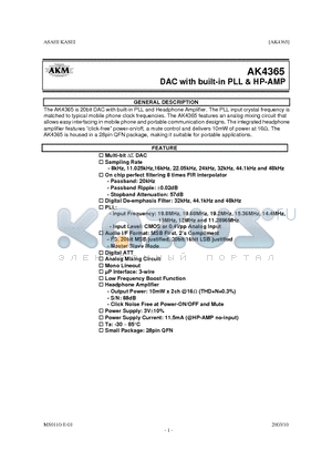 AKD4365 datasheet - DAC with built-in PLL & HP-AMP