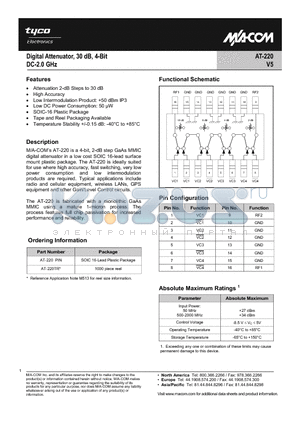 AT-220PIN datasheet - Digital Attenuator, 30dB, 4-Bit DC - 2.0 GHz