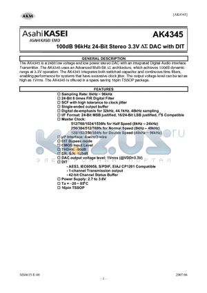 AKD4345 datasheet - 100dB 96kHz 24-Bit Stereo 3.3V DS DAC with DIT