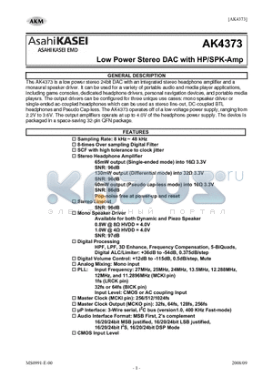 AKD4373 datasheet - Low Power Stereo DAC with HP/SPK-Amp