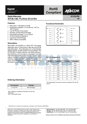 AT-232-PIN datasheet - Digital Attenuator, 30.0dB, 4-Bit, TTL Driver, DC - 2.0 GHz