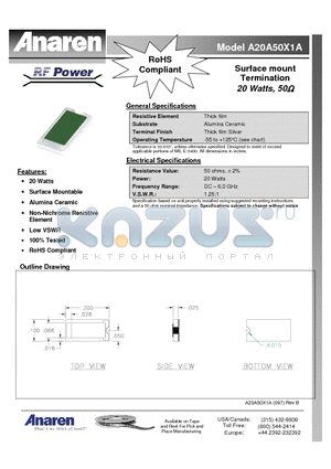 A20A50X1A datasheet - Surface mount Termination 20 Watts, 50W