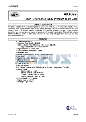 AKD4392 datasheet - High Performance 120dB Premium 32-Bit DAC