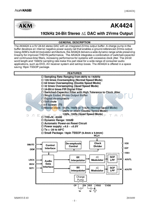 AKD4424 datasheet - 192kHz 24-Bit Stereo DS DAC with 2Vrms Output