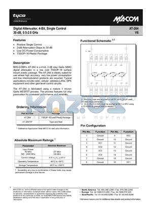 AT-264 datasheet - Digital Attenuator, 4-Bit, Single Control 30dB, 0.5-2.0 GHz