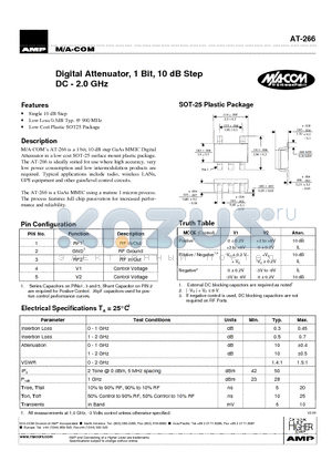 AT-266RTR datasheet - Digital Attenuator, 1 Bit, 10 dB Step DC - 2.0 GHz