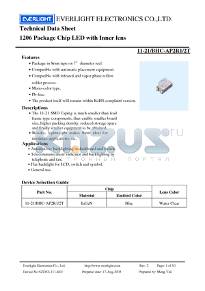 11-21-BHC-AP2R1-2T datasheet - Technical Data Sheet 1206 Package Chip LED with Inner lens