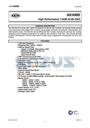 AKD4480 datasheet - High Performance 114dB 32-Bit DAC