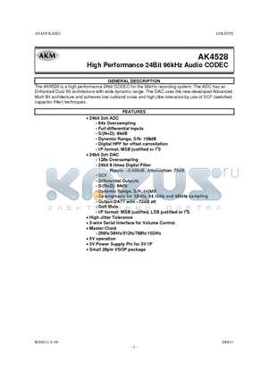 AKD4528 datasheet - HIGH PERFORMANCE 24BIT 96KHZ AUDIO CODEC