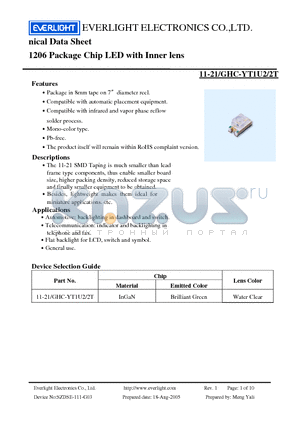 11-21-GHC-YT1U2-2T datasheet - nical Data Sheet 1206 Package Chip LED with Inner lens