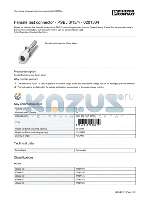 0201304 datasheet - Female test connector - PSBJ 3/13/4 - 0201304