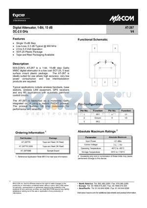 AT-267TR-3000 datasheet - Digital Attenuator, 1-Bit, 15dB, DC-2.0 GHz