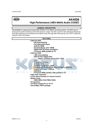 AKD4528 datasheet - High Performance 24Bit 96kHz Audio CODEC