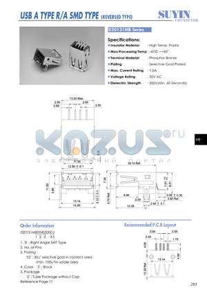 020131MB datasheet - USB A TYPE R/A SMD TYPE (REVERSED TYPE)