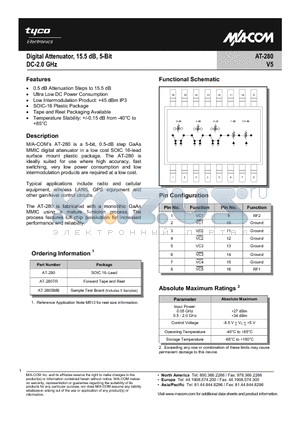 AT-280 datasheet - Digital Attenuator, 15.5dB,5-Bit,DC-2.0 GHz