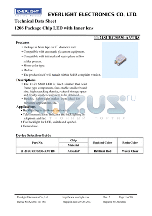 11-21SURC-S530-A3-TR8 datasheet - 1206 Package Chip LED with Inner lens