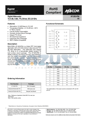 AT-283-PIN datasheet - Digital Attenuator, 15.5dB,5-Bit,TTL Driver, DC-2.0 GHz