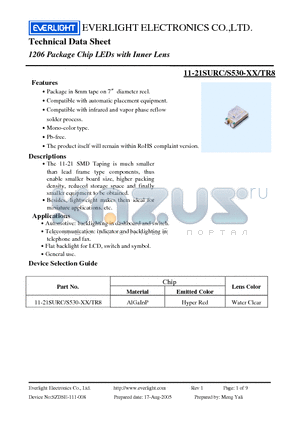 11-21SURC/S530-A4/TR8 datasheet - Technical Data Sheet 1206 Package Chip LEDs with Inner Lens