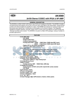 AKD4569 datasheet - 20-Bit Stereo CODEC with IPGA & HP-AMP