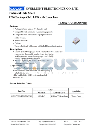 11-21SYGC/S530-E1/TR8 datasheet - Technical Data Sheet 1206 Package Chip LED with Inner lens