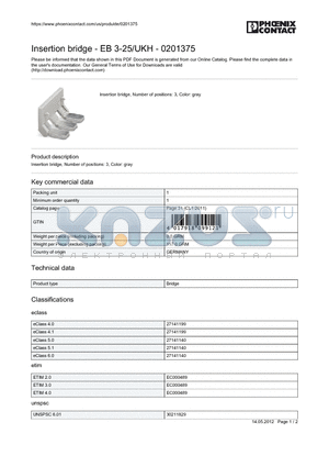 0201375 datasheet - Insertion bridge - EB 3-25/UKH - 0201375