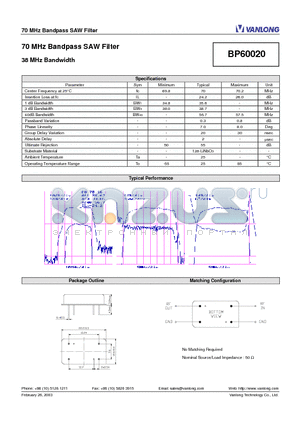 BP60020 datasheet - 70 MHz Bandpass SAW Filter