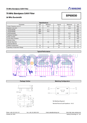 BP60030 datasheet - 70 MHz Bandpass SAW Filter