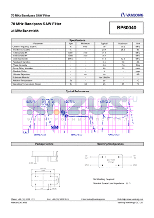 BP60040 datasheet - 70 MHz Bandpass SAW Filter