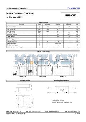 BP60050 datasheet - 70 MHz Bandpass SAW Filter