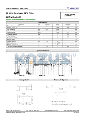 BP60070 datasheet - 70 MHz Bandpass SAW Filter