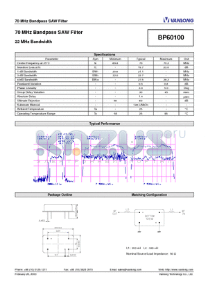 BP60100 datasheet - 70 MHz Bandpass SAW Filter