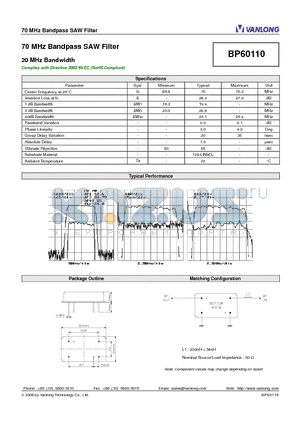 BP60110 datasheet - 70 MHz Bandpass SAW Filter