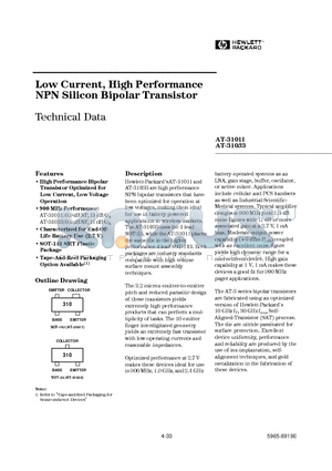 AT-31033-BLK datasheet - Low Current, High Performance NPN Silicon Bipolar Transistor