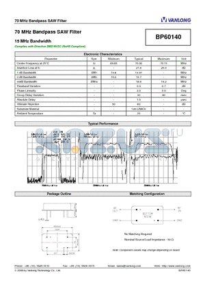 BP60140 datasheet - 70 MHz Bandpass SAW Filter