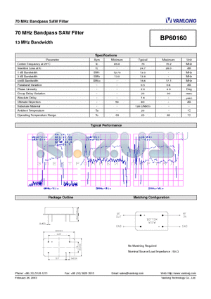 BP60160 datasheet - 70 MHz Bandpass SAW Filter